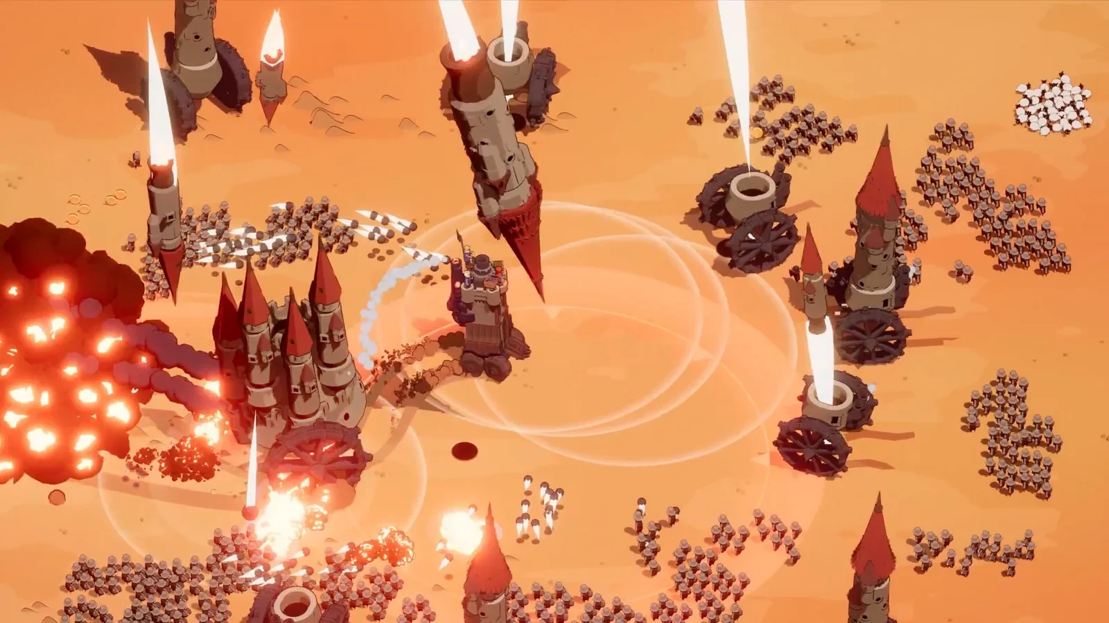 Open-barrel wheeled towers surrounding a castle in a desert encounter