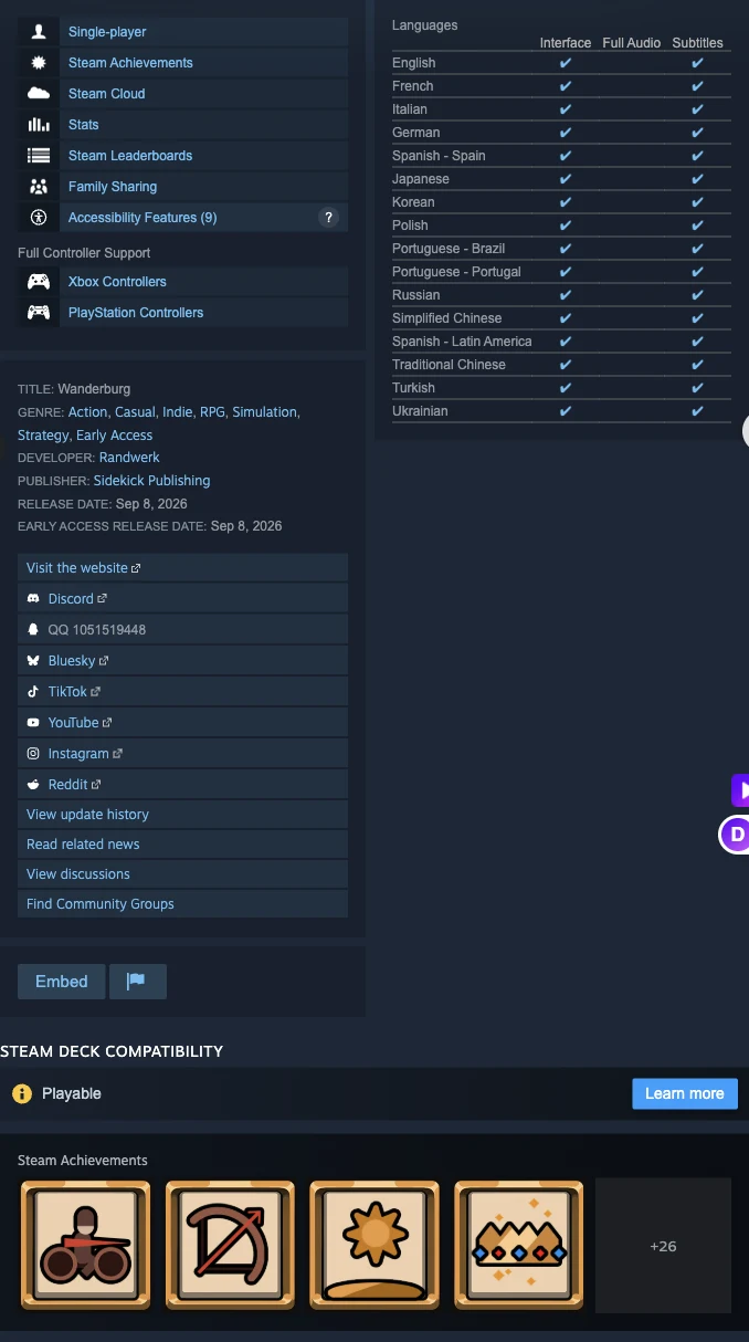 Wanderburg Steam features and supported language table