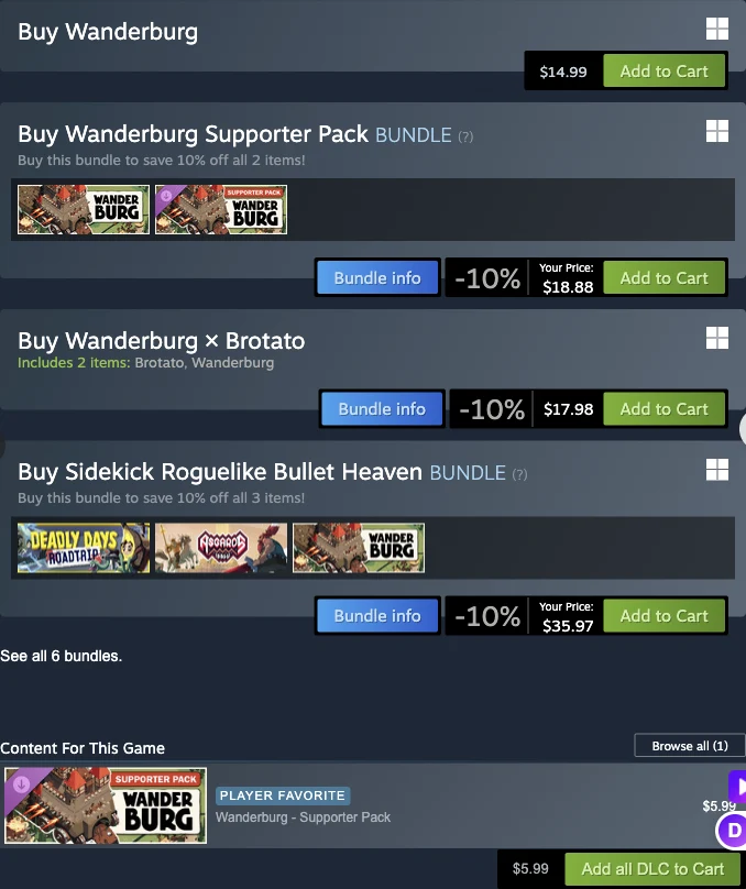 Wanderburg base game, Supporter Pack bundle and separate DLC purchase panels