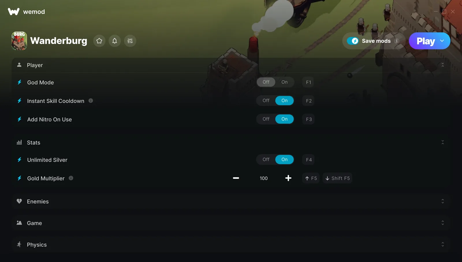 Wanderburg trainer interface with God Mode, cooldown, Nitro and currency options