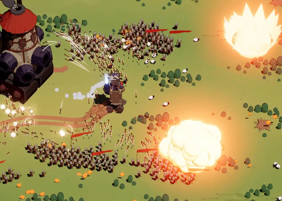 A Wanderburg mobile castle fighting enemy troops during a large battle
