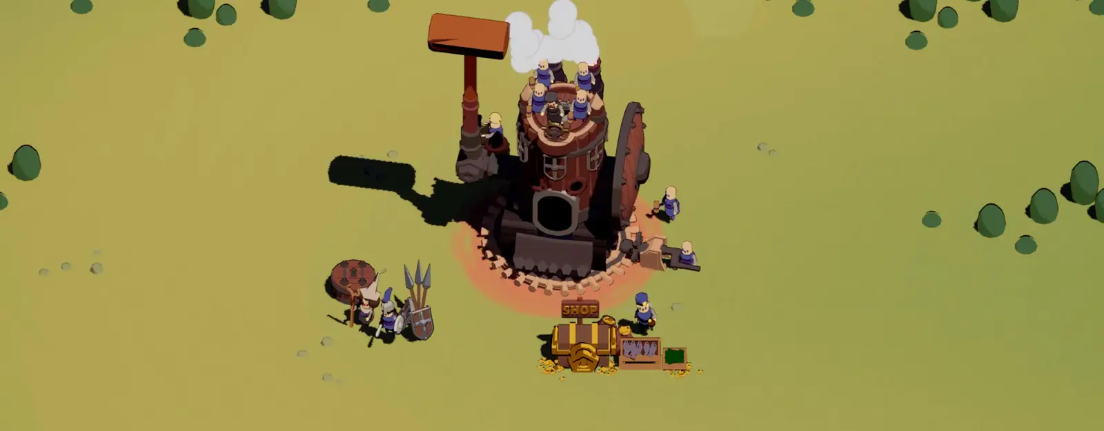 A Wanderburg castle and a small crew on an open green field