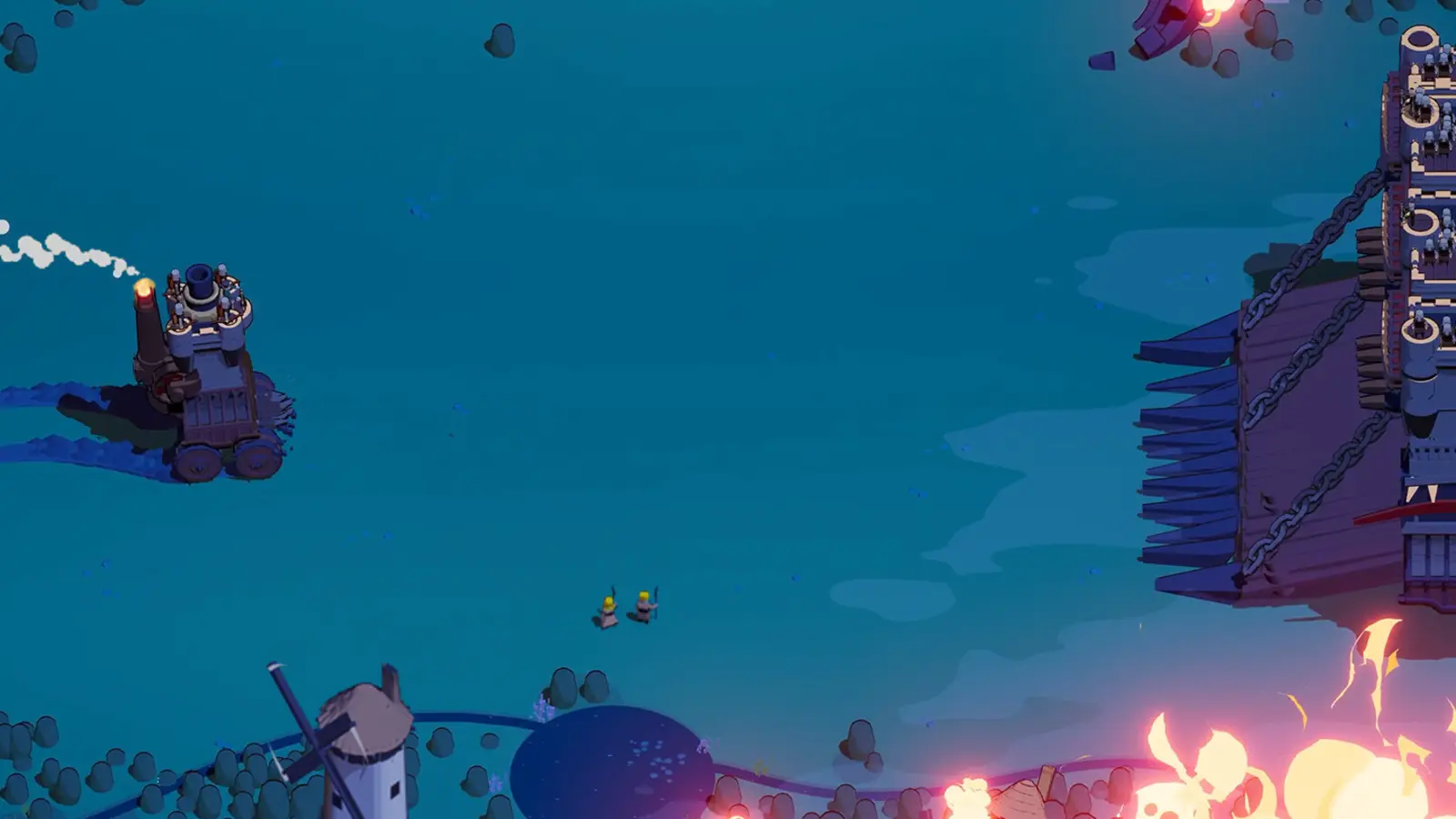 A small Wanderburg mobile castle approaching a giant chained enemy fortress across a dark blue battlefield
